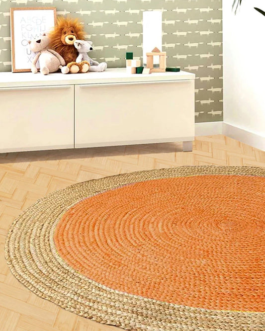 Handcrafted Natural Yellow Round Jute Carpet For Dining Space