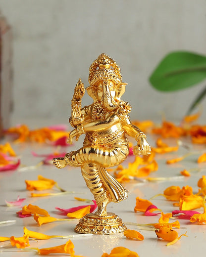 Handcrafted Dancing Brass Ganesha Idol (Gold)