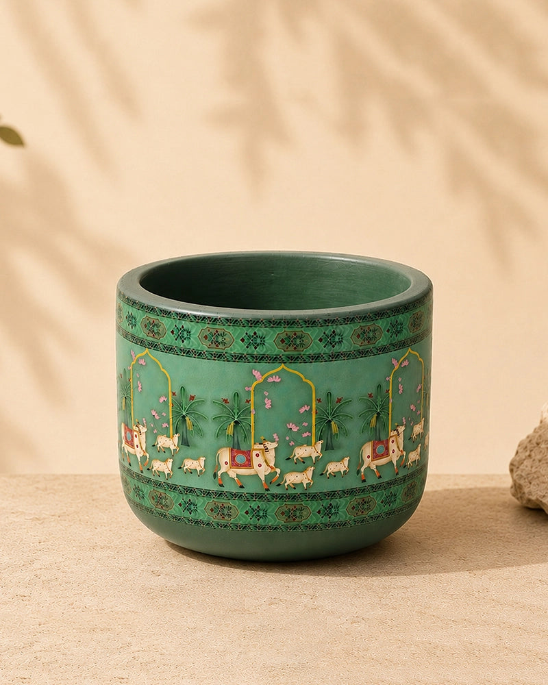 Hand Painted Pichwai Cow Motif Terracotta Plant Pot (Green)