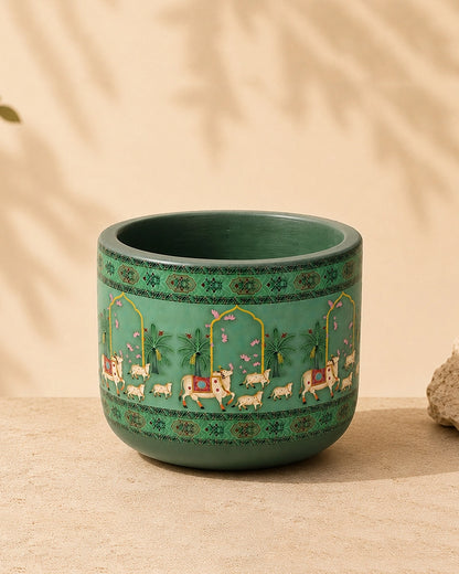 Hand Painted Pichwai Cow Motif Terracotta Plant Pot (Green)
