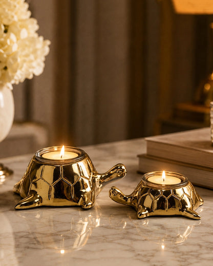Golden Tortoise Votive Candle Holder for Tabletop & Home Décor, Set of 2