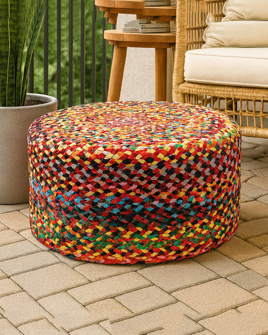 Handwoven Jute Round Pouffe in Multicolor for Living Room