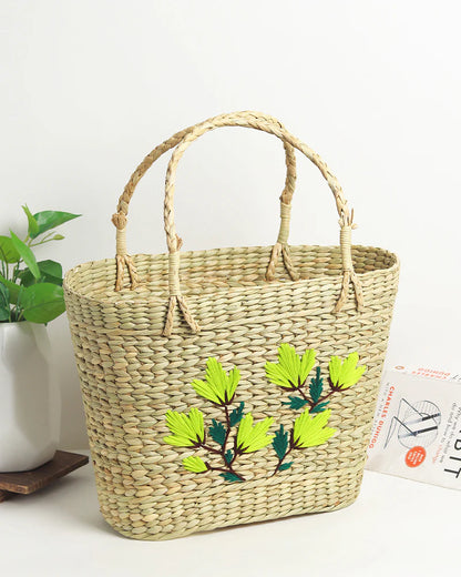 Natural Seagrass Embroidery Tote Bag for Shopping, Picnic & Storage