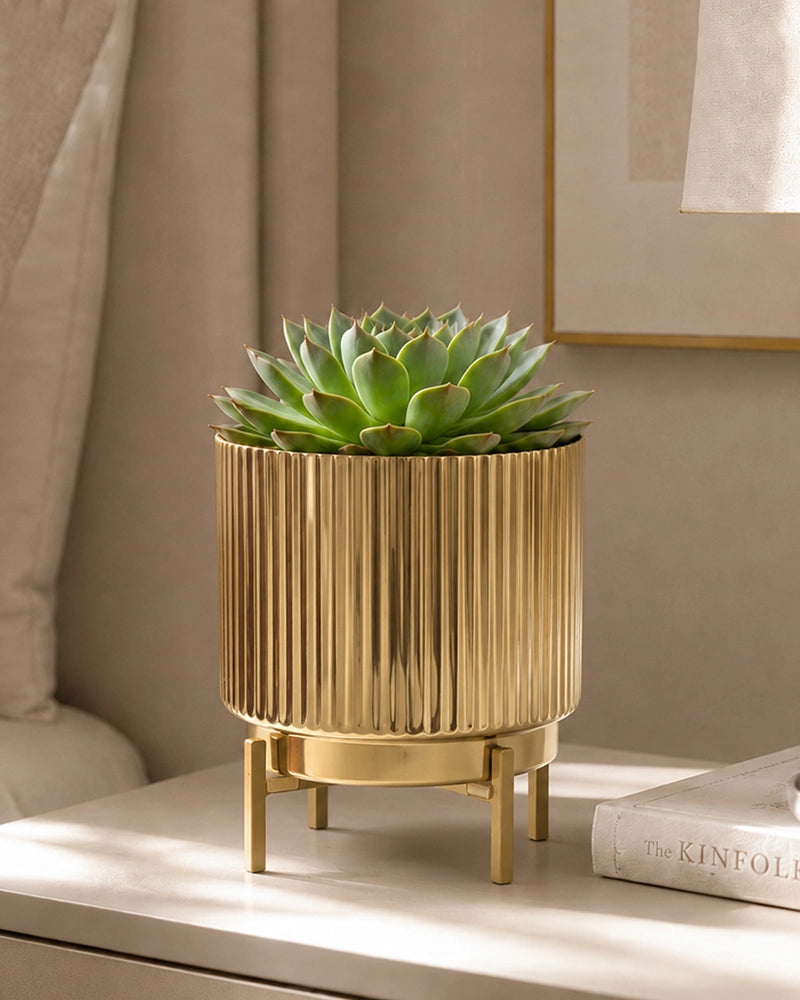 Hancrafted Fluted Metal Plant Pot with Stand for Living Room & Home Décor