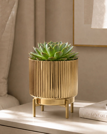 Hancrafted Fluted Metal Plant Pot with Stand for Living Room & Home Décor