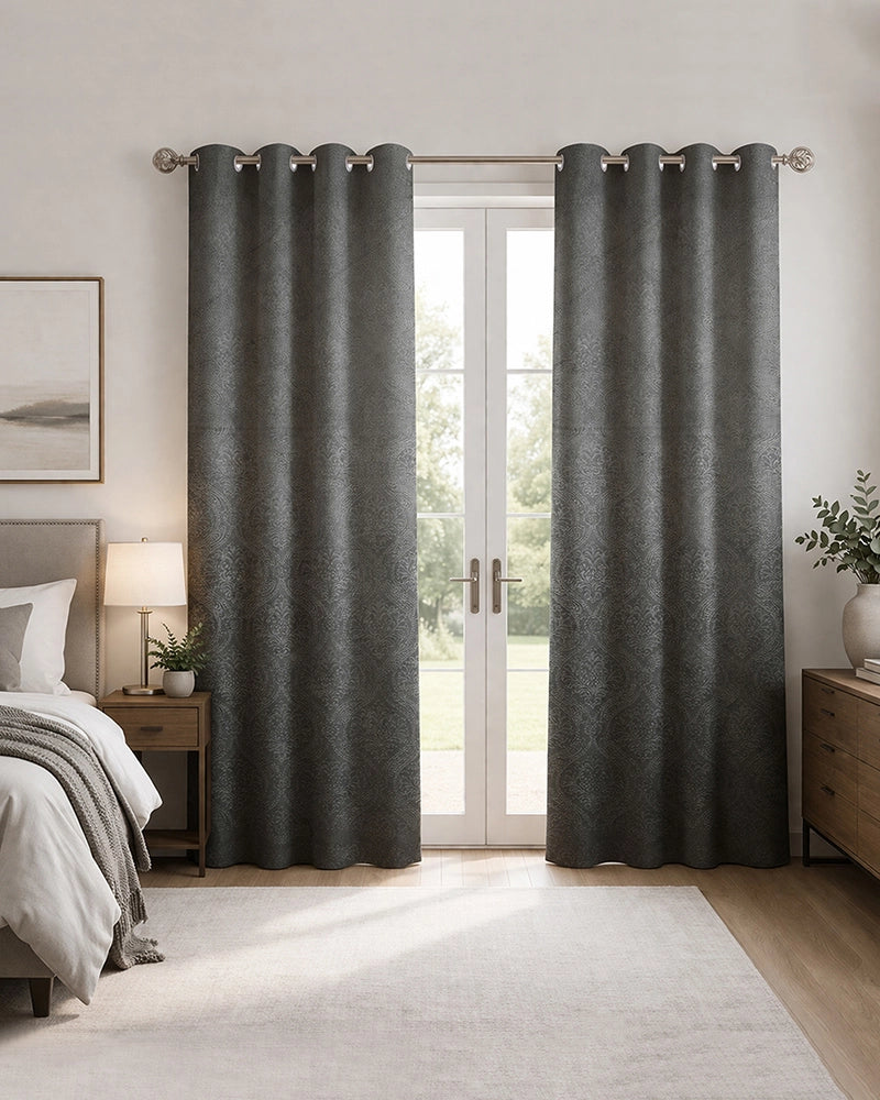 Velvet Eyelet Door Curtain (Grey, Textured, 7 ft)