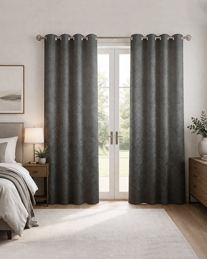 Velvet Eyelet Door Curtain (Grey, Textured, 7 ft)