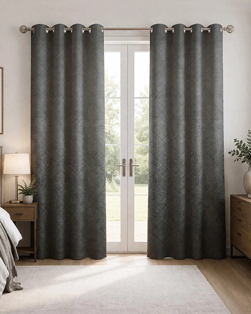 Velvet Eyelet Door Curtain (Grey, Textured, 7 ft)
