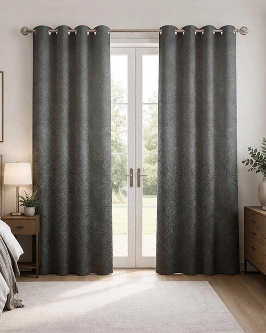 Velvet Eyelet Door Curtain (Grey, Textured, 7 ft)