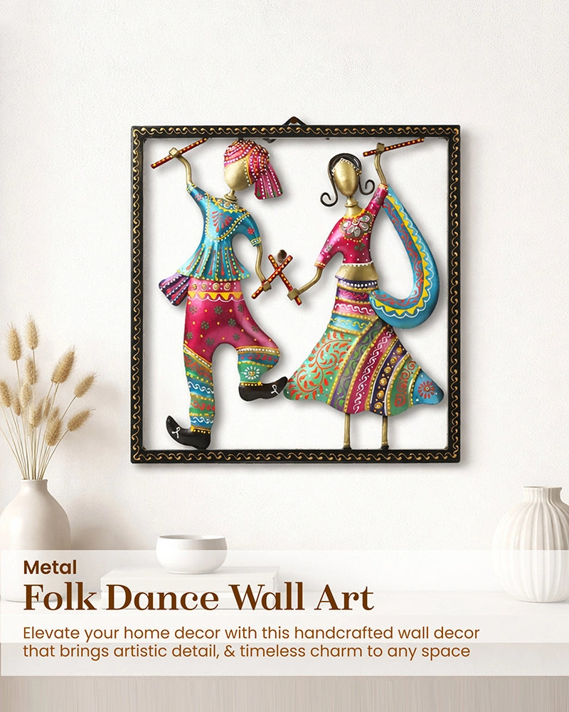 Handcrafted Metal Dandiya Folk Dance Couple Wall Art Showpiece