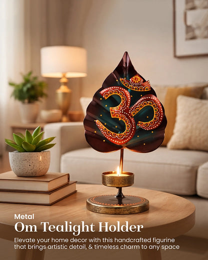 Handcrafted Metal Om Symbol Peepal Leaf Decor Tea Light Holder Showpiece