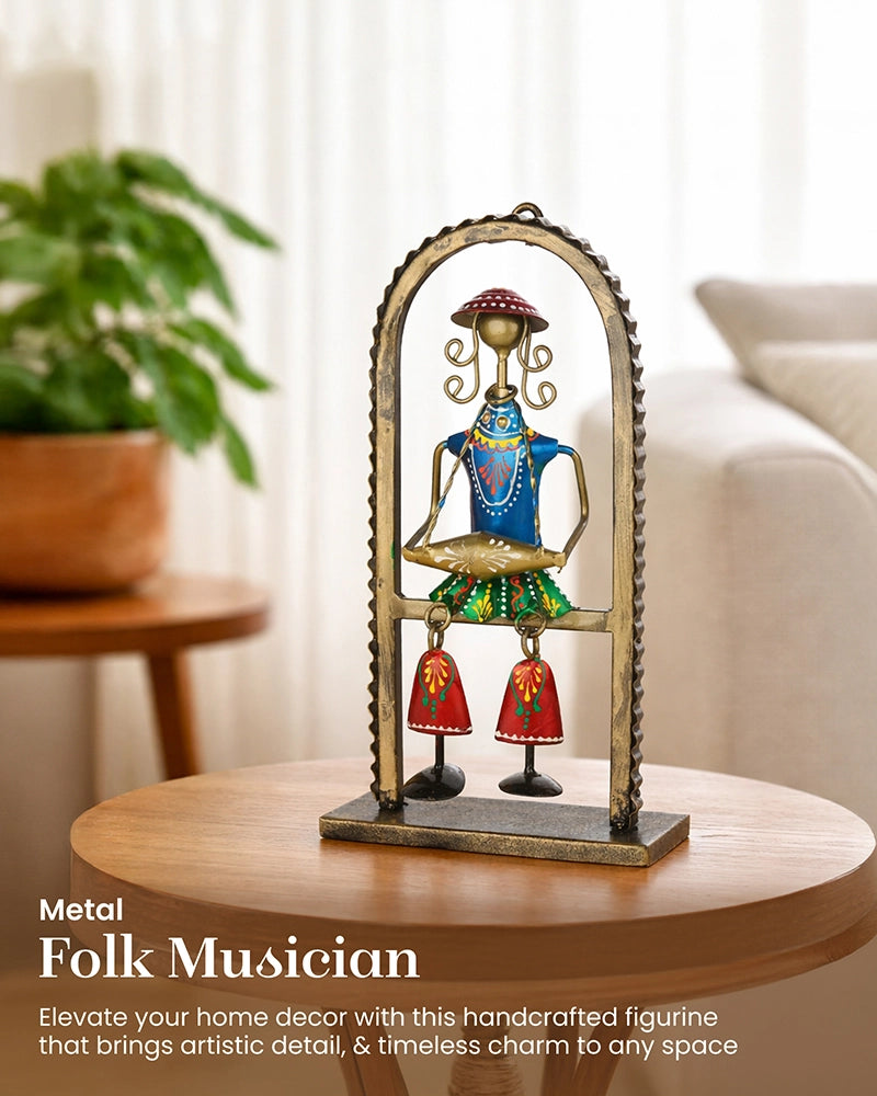 Handcrafted Metal Dholak Player Folk Musician Arch Figurine for Home Decor