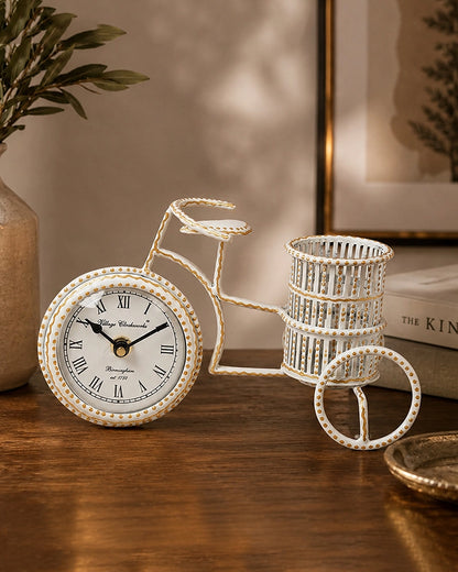 Decorative Metal Table Clock with Pen Holder for Home and Office