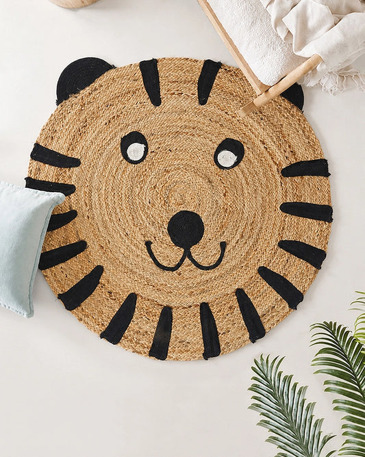 Handwoven Tiger Design Beige Round Jute Carpet For Bedroom And Hall