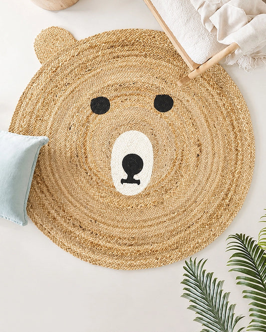 Handmade Teddy Bear Design Beige Round Jute Carpet For Bedroom