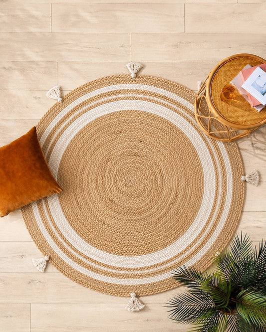 Handmade Beige Round Jute Carpet For Hall And Balcony