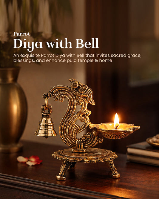 Traditional Brass Aarti Diya with Parrot Design with Hanging Bell