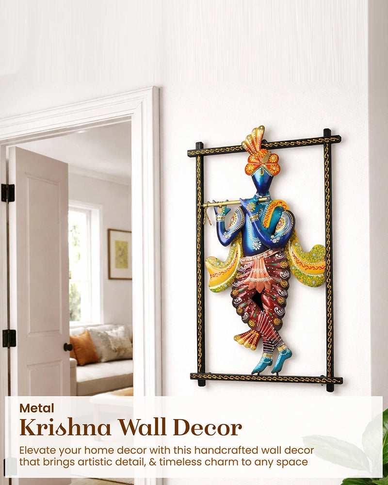 Handcrafted Metal Krishna Flute Playing Wall Hanging Showpiece