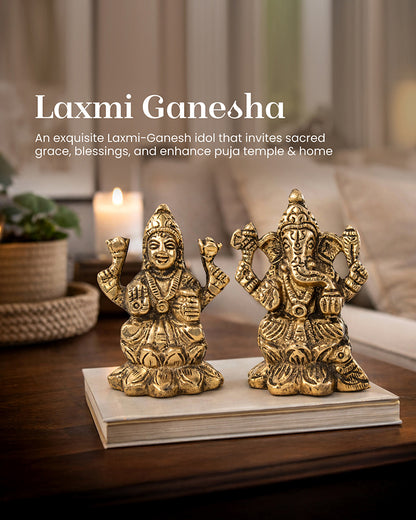 Pure Brass Laxmi Ganesh Idol for Home Temple and Decoration