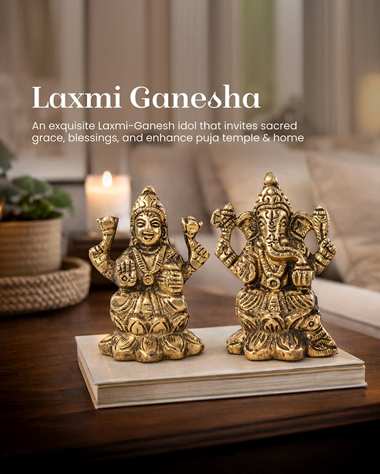 Pure Brass Laxmi Ganesh Idol for Home Temple and Decoration