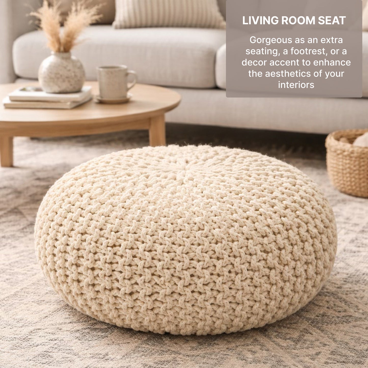 Handwoven Jute Round Pouffe in White for Living Room and Bedroom