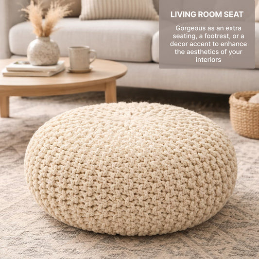 Handwoven Jute Round Pouffe in White for Living Room and Bedroom
