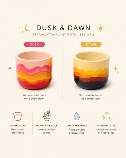 Sunset Wave Hand Painted Terracotta Planter Set of 2 (Multicolour)