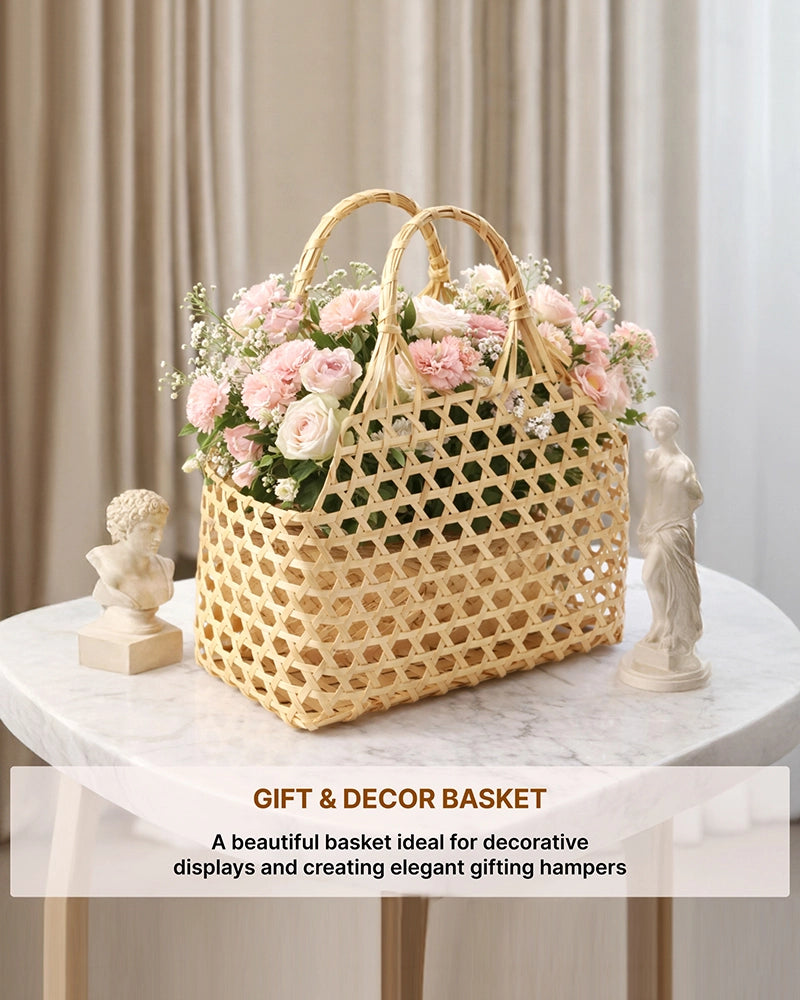 Bamboo Storage Basket with Sturdy Handle for Fruits and Vegetables
