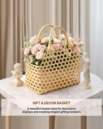 Bamboo Storage Basket with Sturdy Handle for Fruits and Vegetables