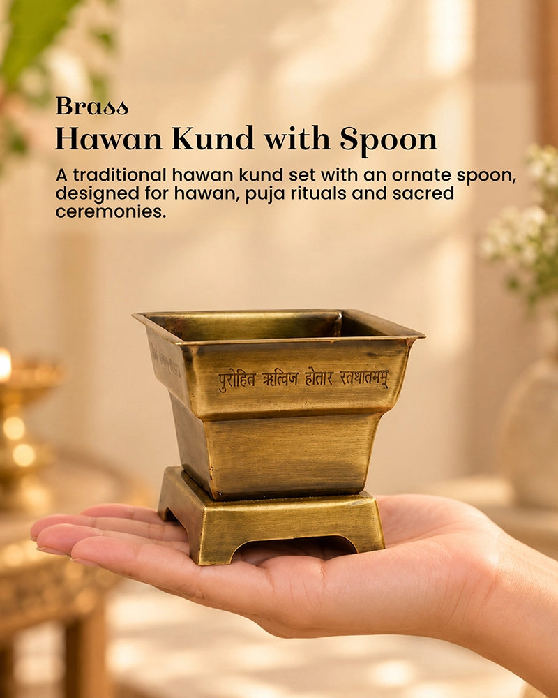 100% Pure Brass Hawan Kund with Spoon for Pooja Hawan and Home Mandir