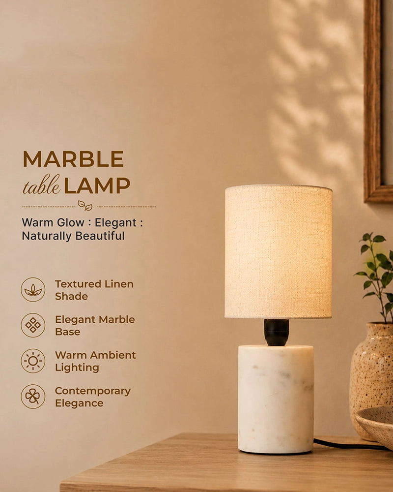 Marble Table Lamp with Linen Shade Warm Ambient Light