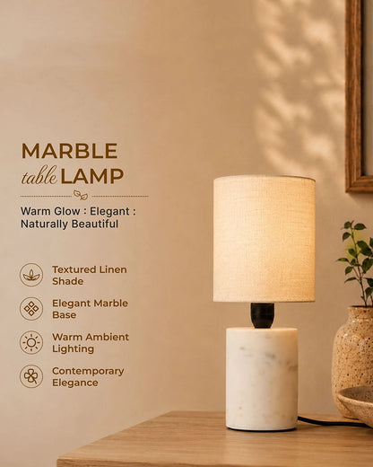 Marble Table Lamp with Linen Shade Warm Ambient Light