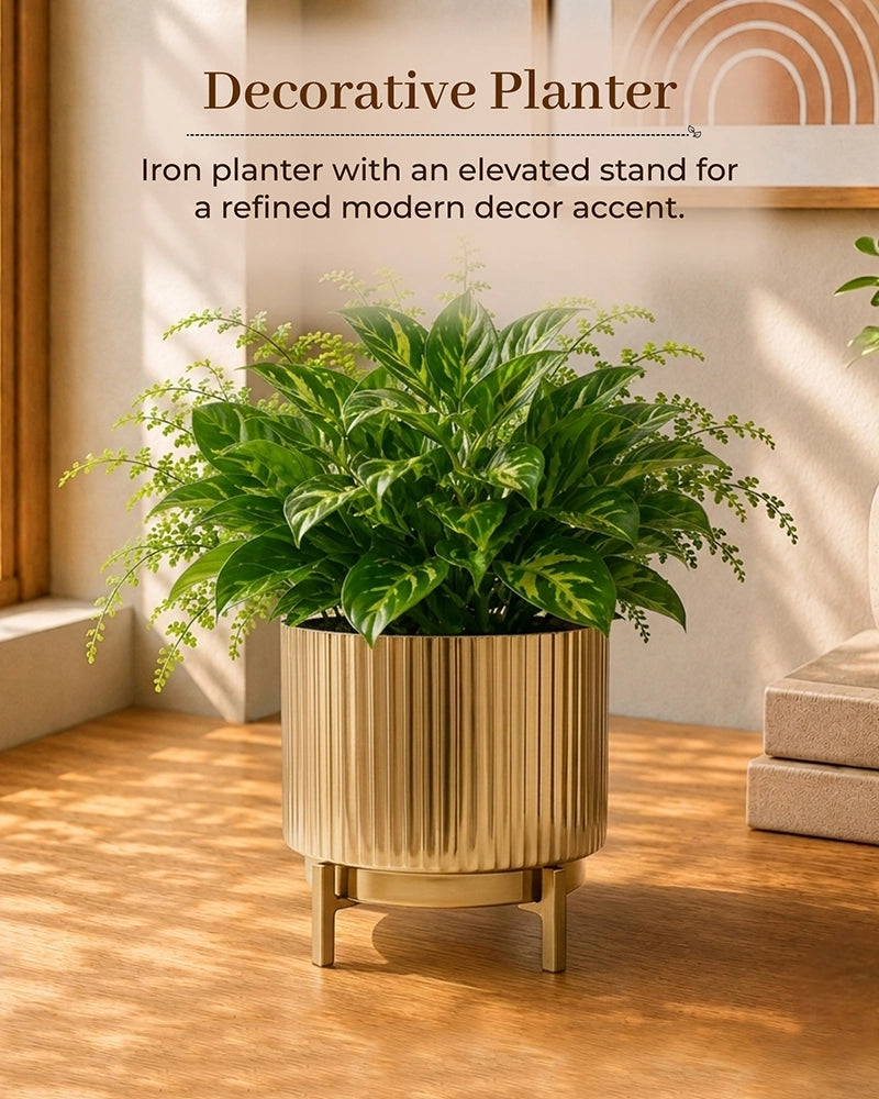 Hancrafted Fluted Metal Plant Pot with Stand for Living Room & Home Décor