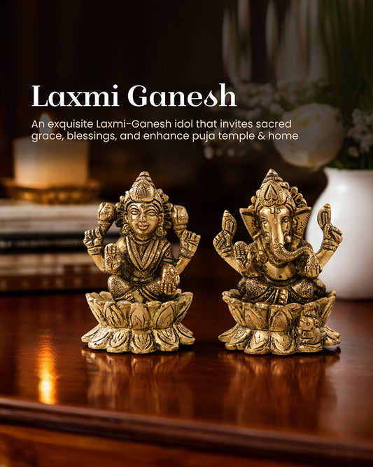 Pure Brass Laxmi Ganesh Idol Set for Home Temple and Decoration