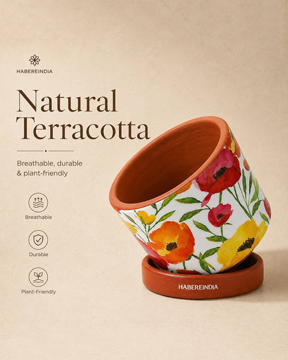 Poppy Floral Print Terracotta Planter with Under Plate (Multicolour)
