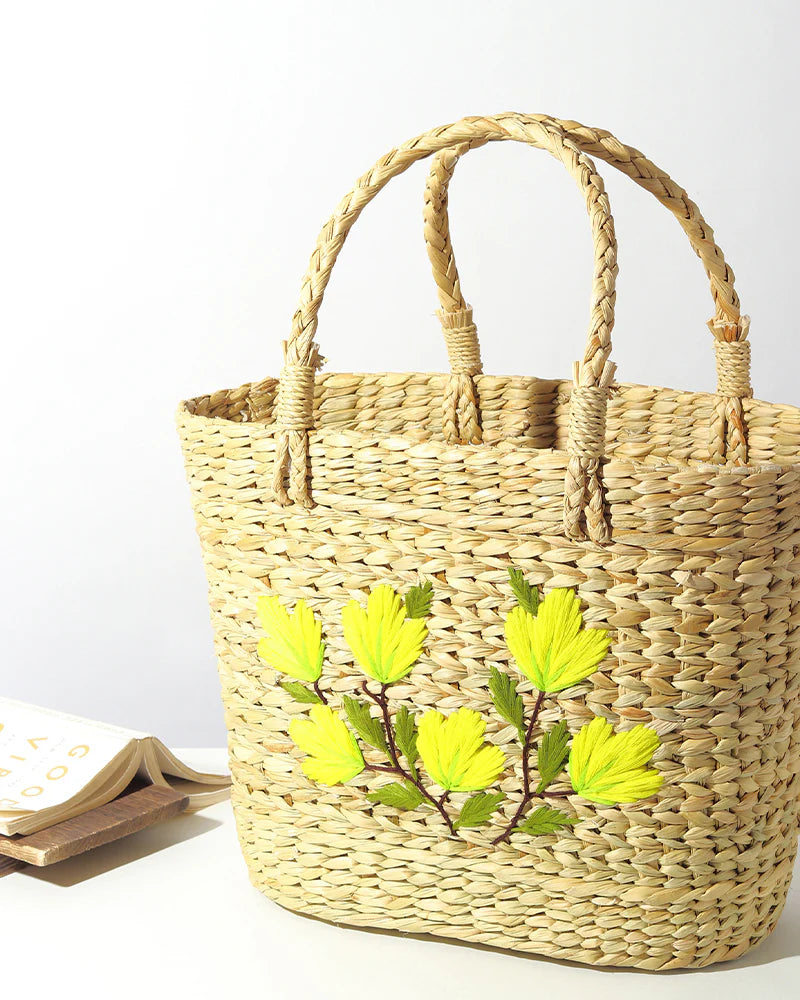 Handwoven Seagrass Embroidered Tote Bag for Market, Storage & Travel