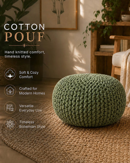 Hand Knitted Sage Green Cotton Pouf Chunky Knit Round Ottoman Footrest
