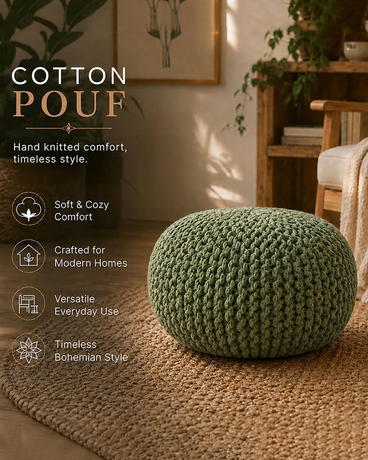 Hand Knitted Sage Green Cotton Pouf Chunky Knit Round Ottoman Footrest