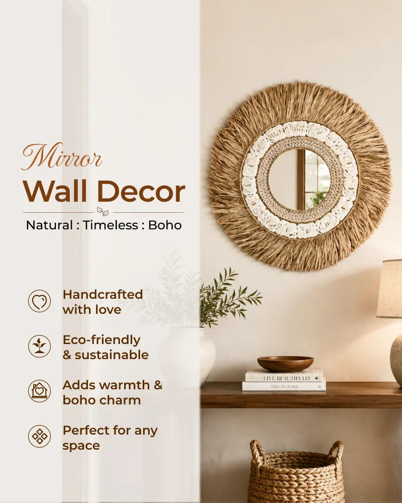 Eco Friendly Natural Raffia and Shell Boho Wall Mirror