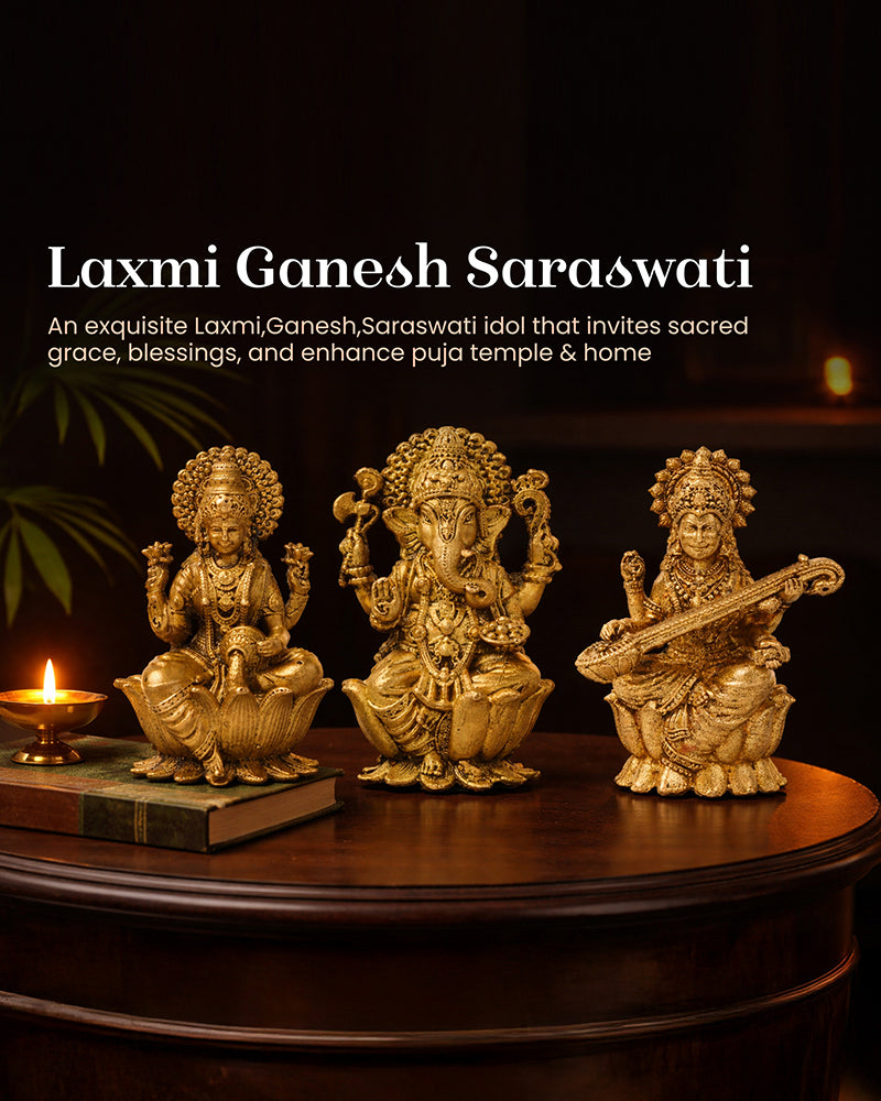 Pure Brass Laxmi Ganesh Sarasvati Idol Set for Home Pooja