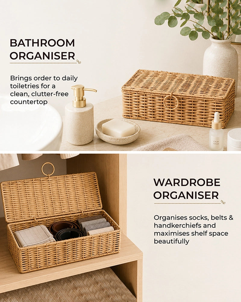 Cane Storage Box with Lid for Wardrobe & Bathroom Storage