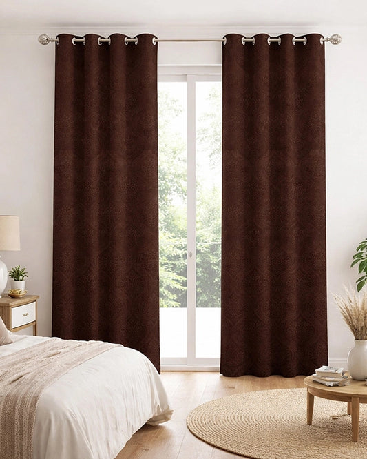 Velvet Eyelet Door Curtain (Brown, Textured, 7 ft)