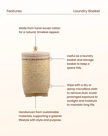 Rattan Laundry Basket with Lid for Home and Bathroom