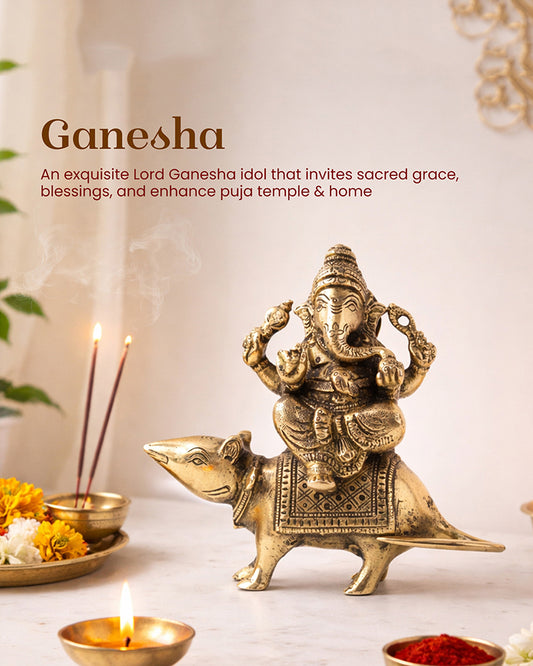 Pure Brass Ganesha Sitting on Mushak for Prosperity and Blessings