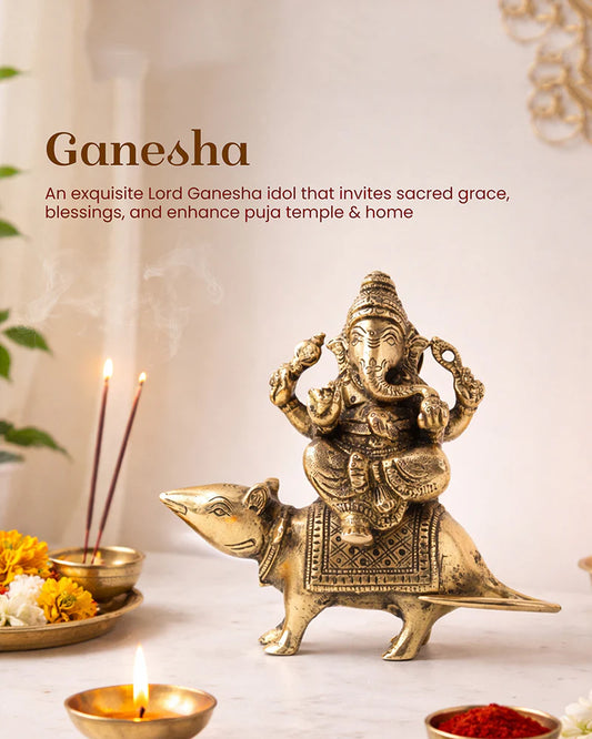 Pure Brass Ganesha Sitting on Mushak for Prosperity and Blessings