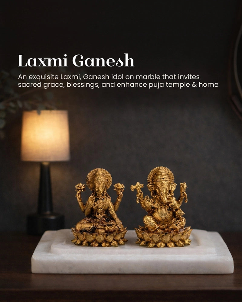 Brass Laxmi Ganesh Idol on Marble Base for Home Temple and Pooja Room