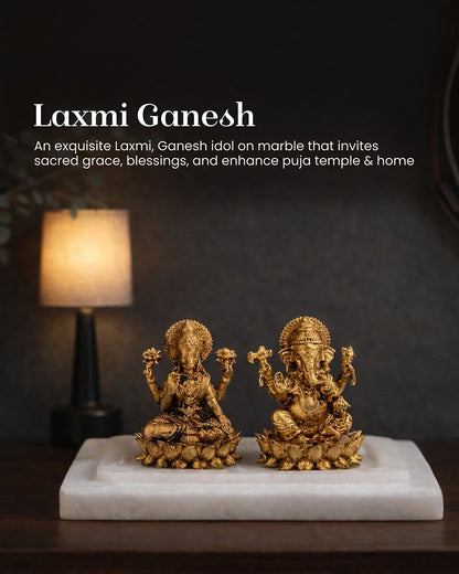 Brass Laxmi Ganesh Idol on Marble Base for Home Temple and Pooja Room