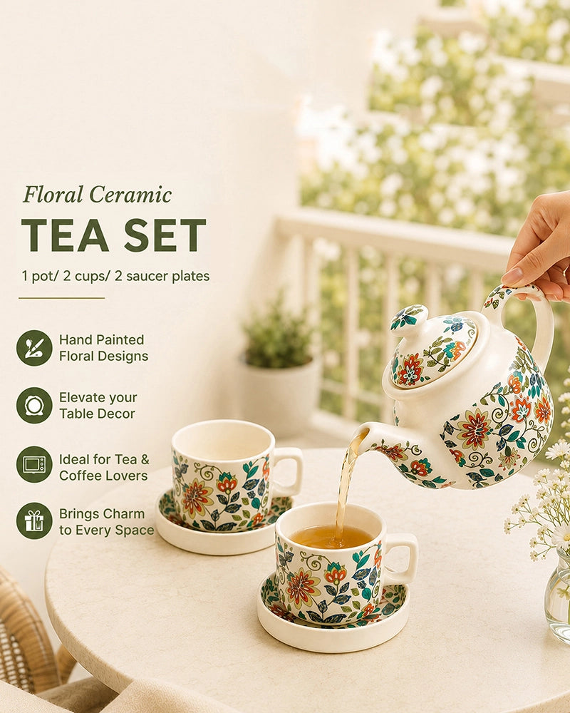 Hand Painted Floral Ceramic Tea Pot Set with Cups Saucers