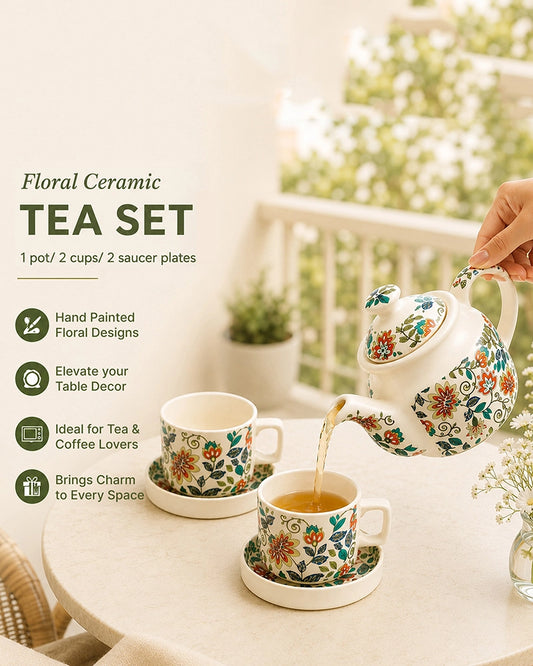 Hand Painted Floral Ceramic Tea Pot Set with Cup & Saucer