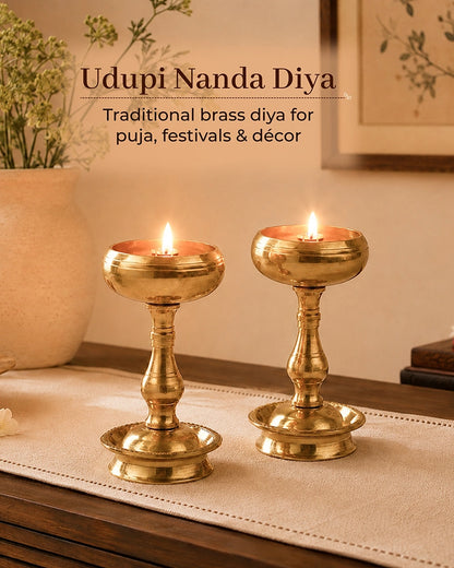 100 % Pure Brass Udupi Nanda Deepam Set for Pooja & Temple Décor
